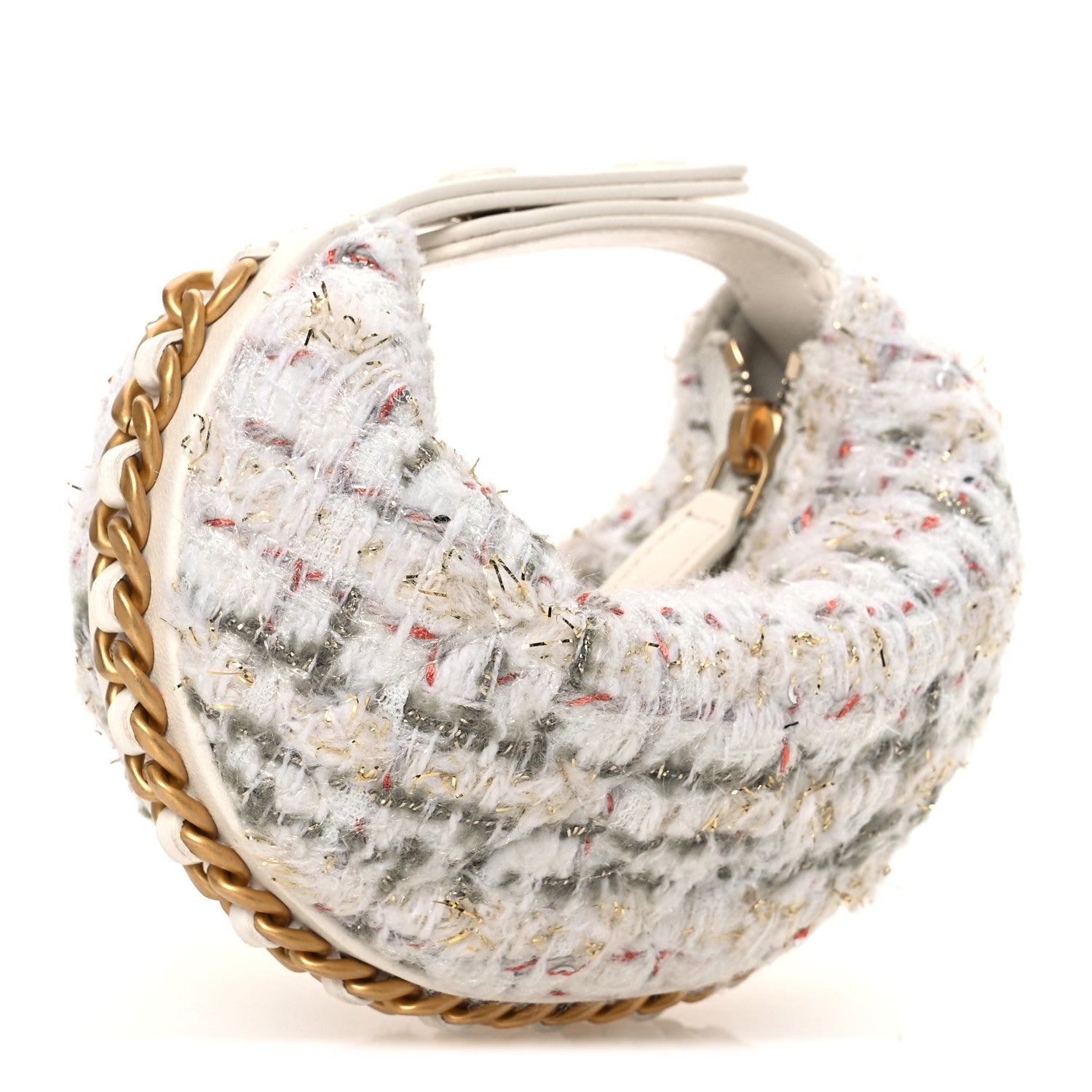 Chanel Wool Tweed Quilted Chain Around Mini Pouch Ecru Khaki Gold Red 3 of 12