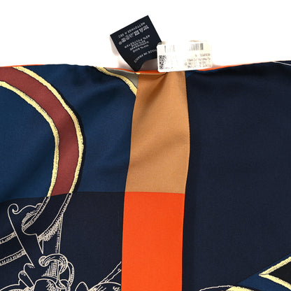 Hermes Cashmere Silk L'Instruction Du Roy Pointe Triangle Shawl Marine Camel Mandarin 3 of 3