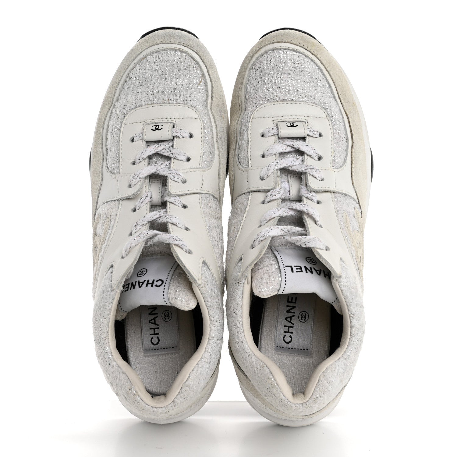 Chanel Painted Iridescent Cotton Tweed Suede Calfskin Womens CC Sneakers 39.5 White Silver Multicolor 2 of 14