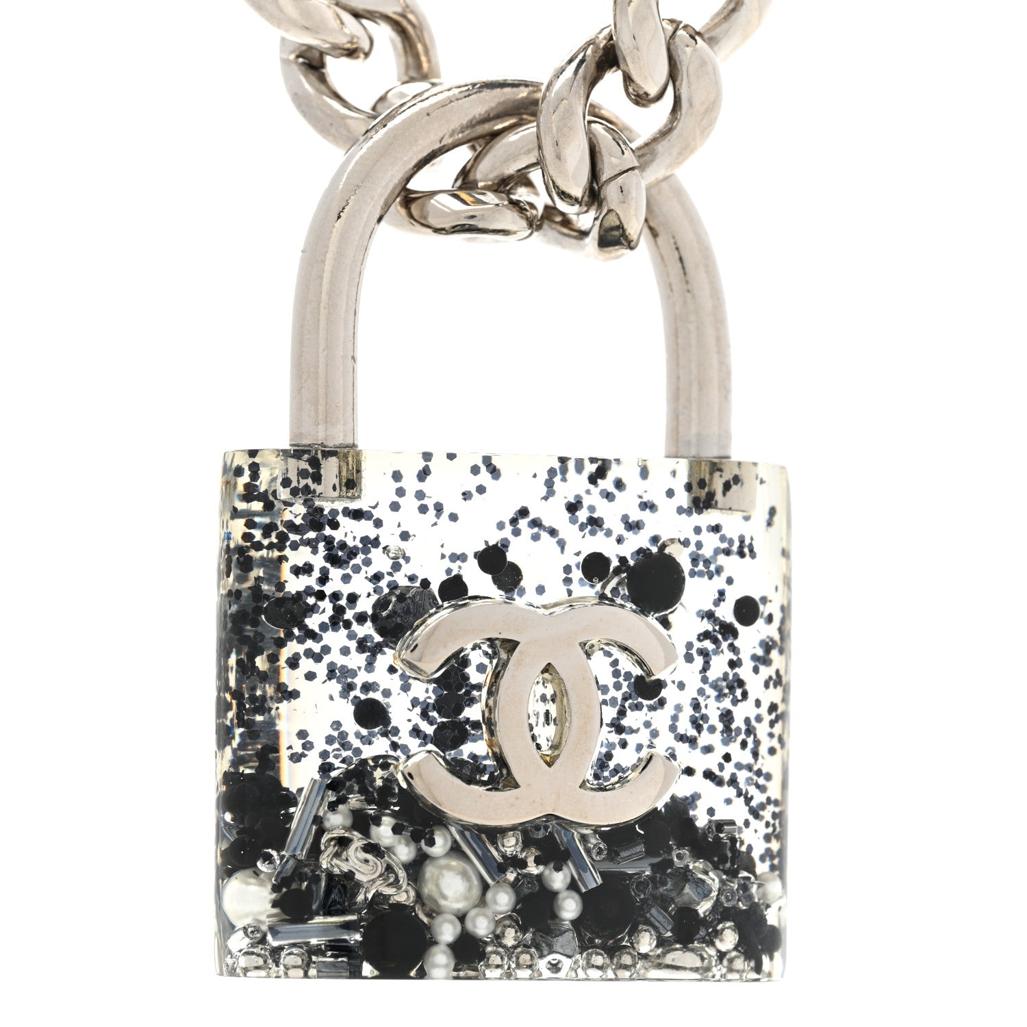 Chanel Resin CC Oversized Padlock Chain Necklace Silver Pearly White 4 of 7