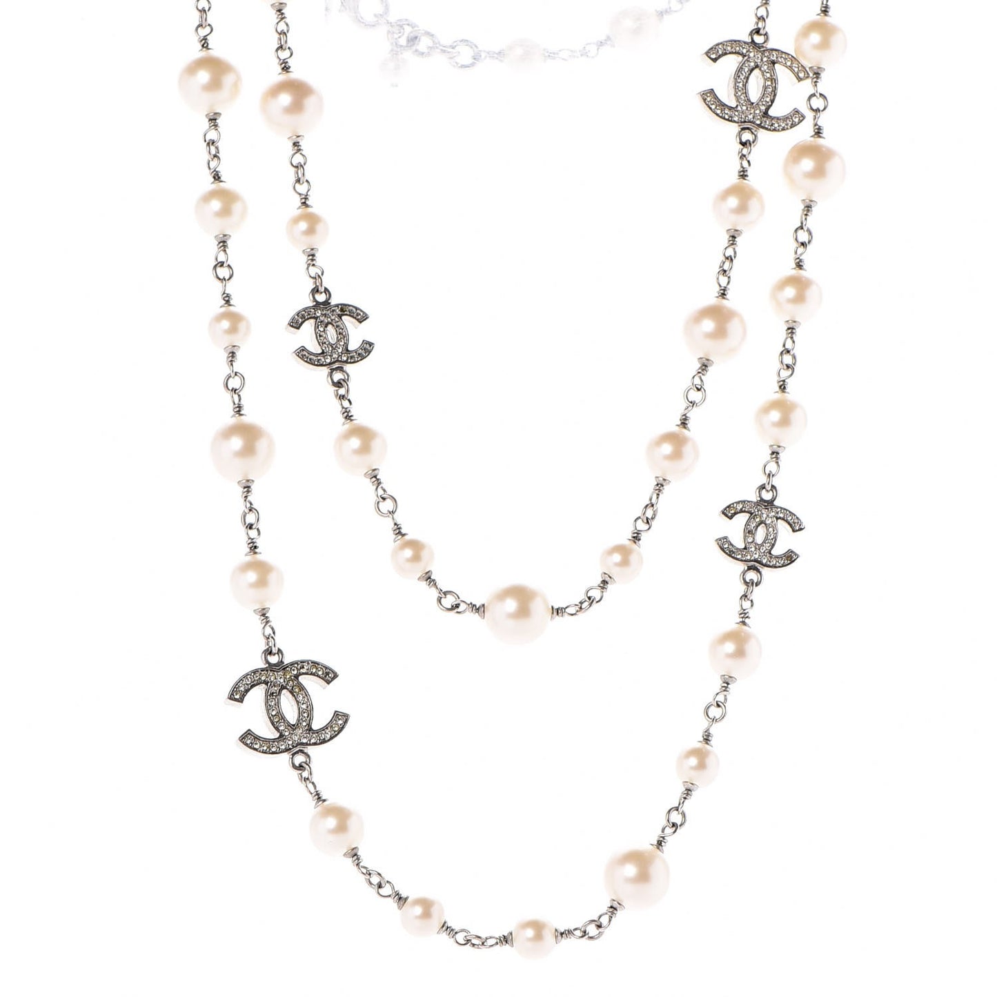 Crystal Pearl CC Long Necklace Silver