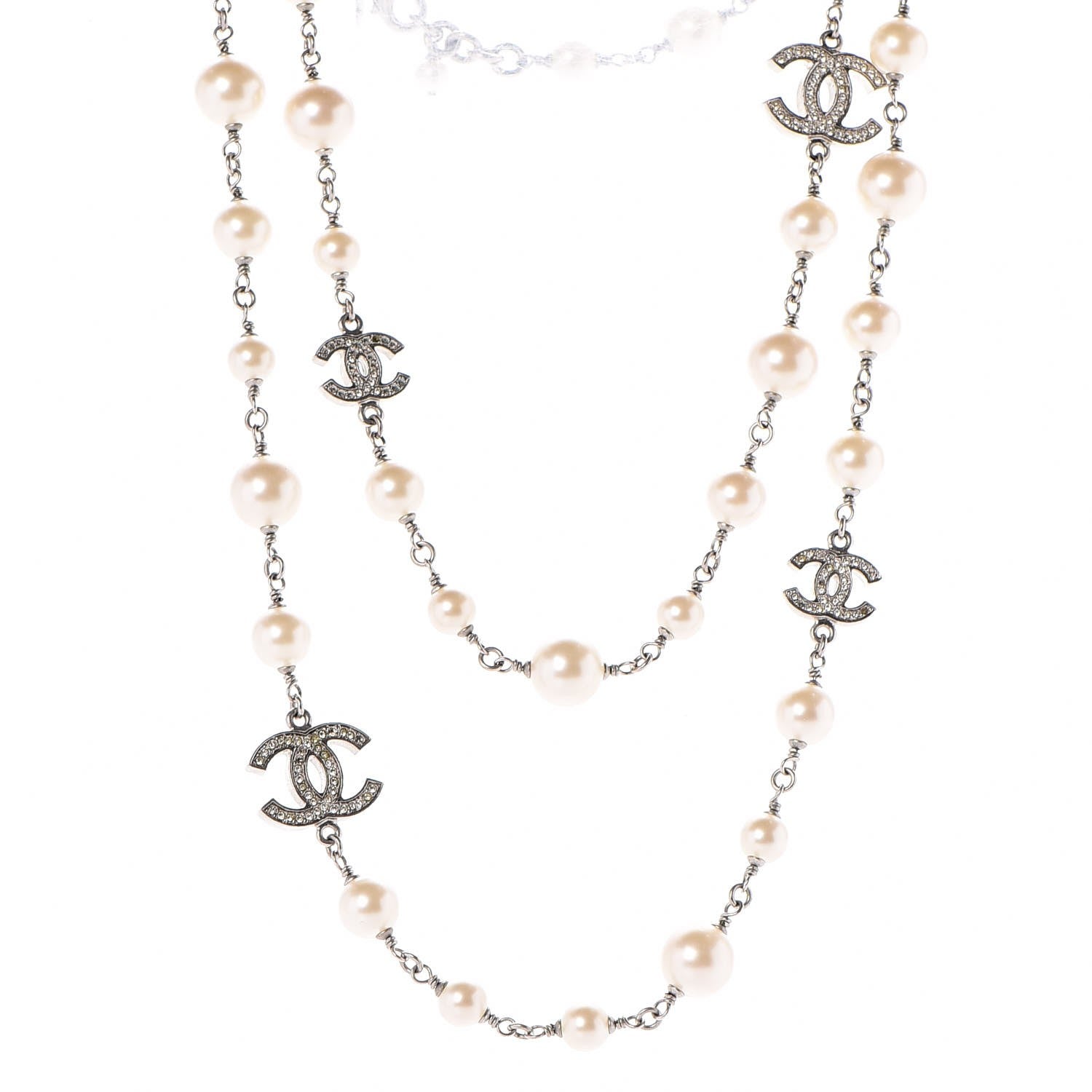 Chanel Crystal Pearl CC Long Necklace Silver 1 of 7