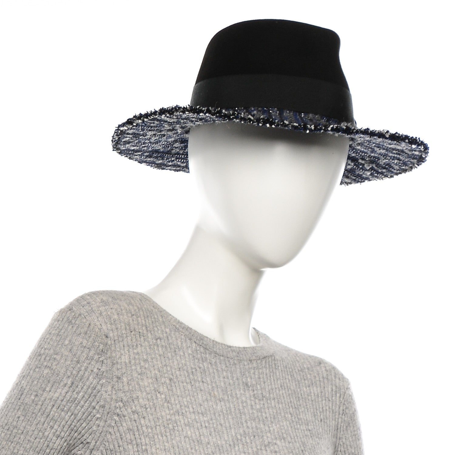 Chanel Tweed Felt CC Fedora Hat S Blue Black 2 of 8