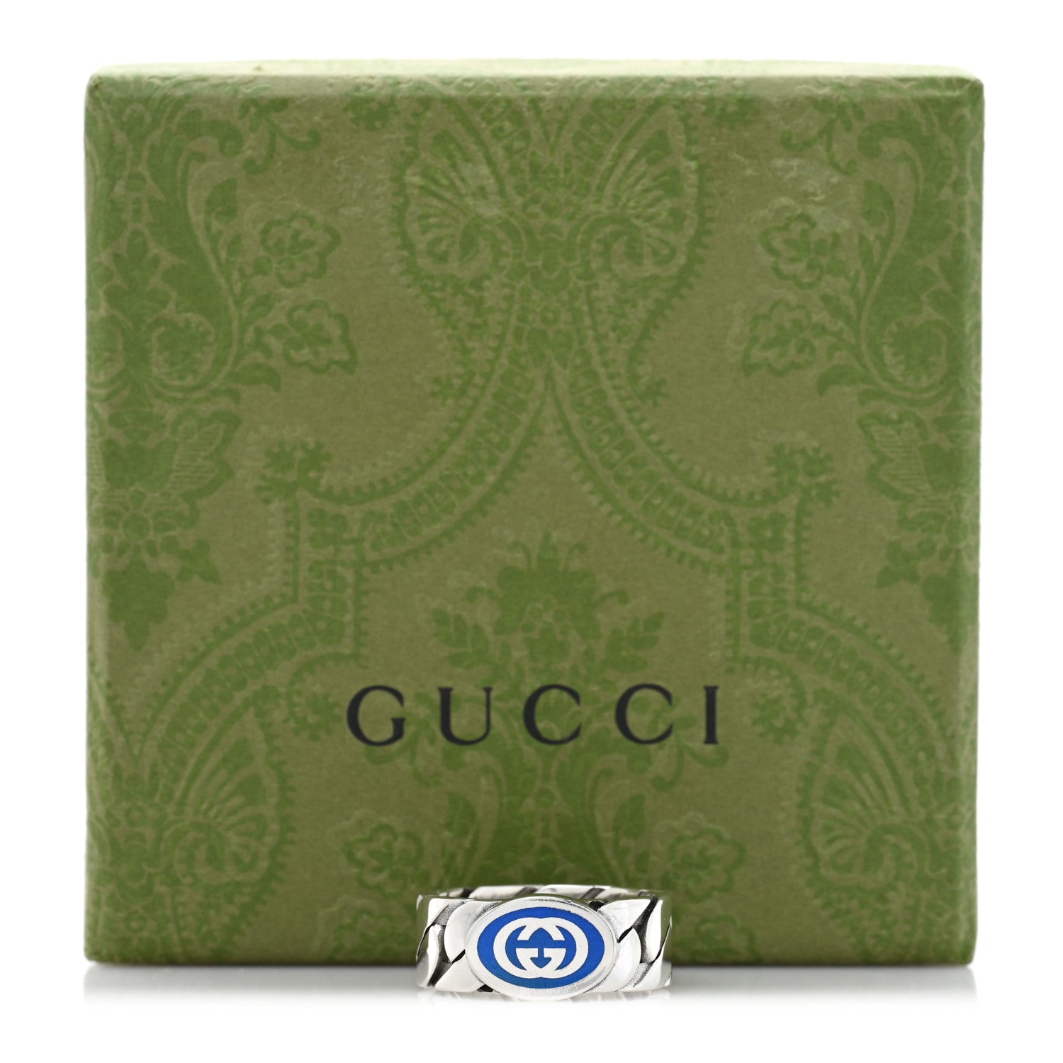 Gucci Sterling Silver Enamel Interlocking G Chain Ring 61 9.75 Blue 5 of 5