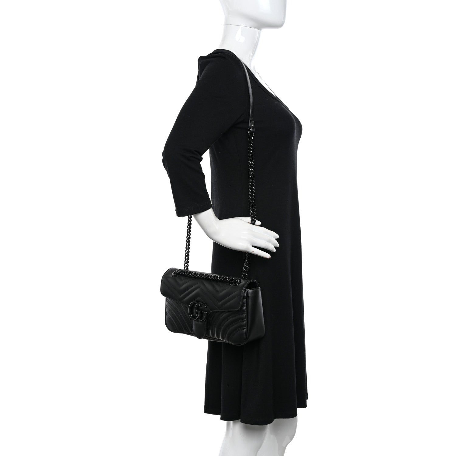 Gucci Calfskin Matelasse Monochrome Small GG Marmont Shoulder Bag Black 2 of 11