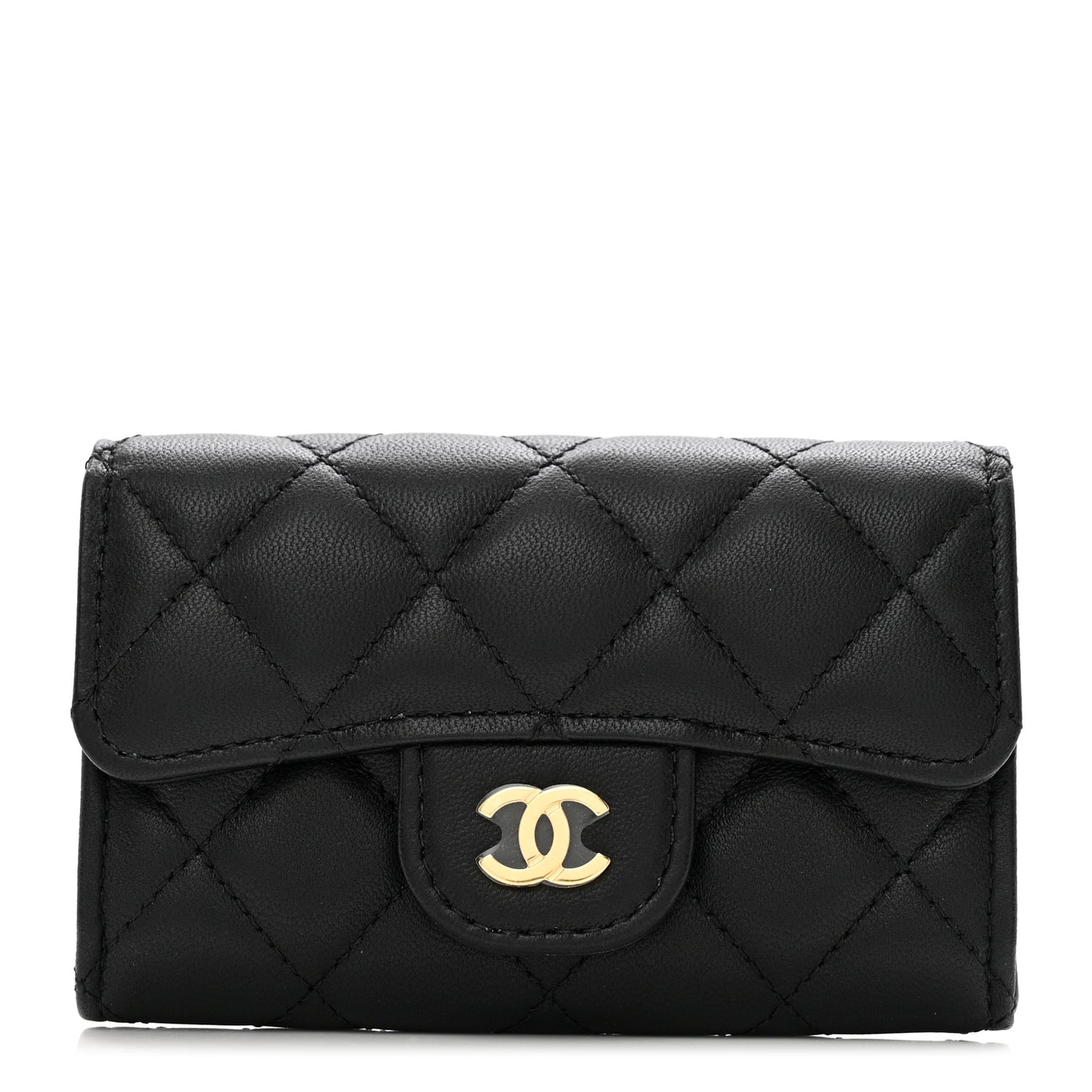 Lambskin Quilted Flap Card Holder Black