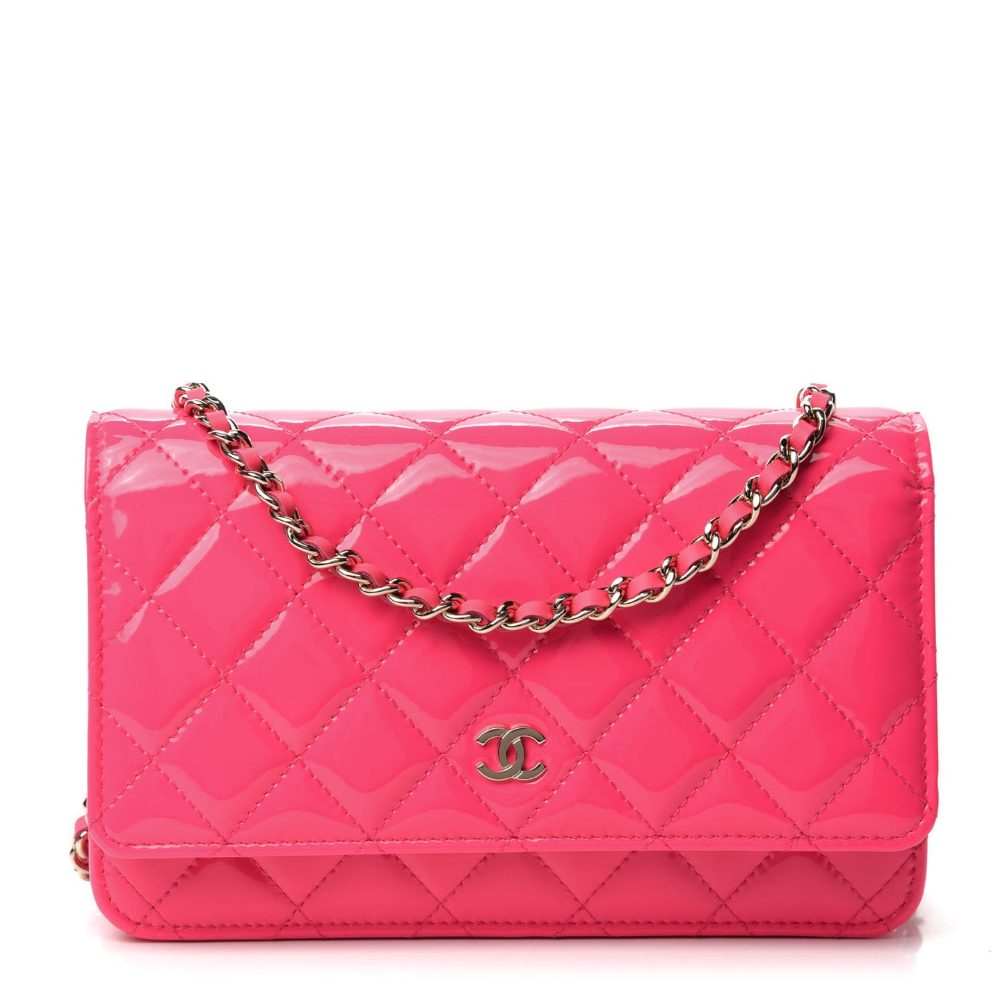 Patent Calfskin Quilted Wallet On Chain WOC Pink