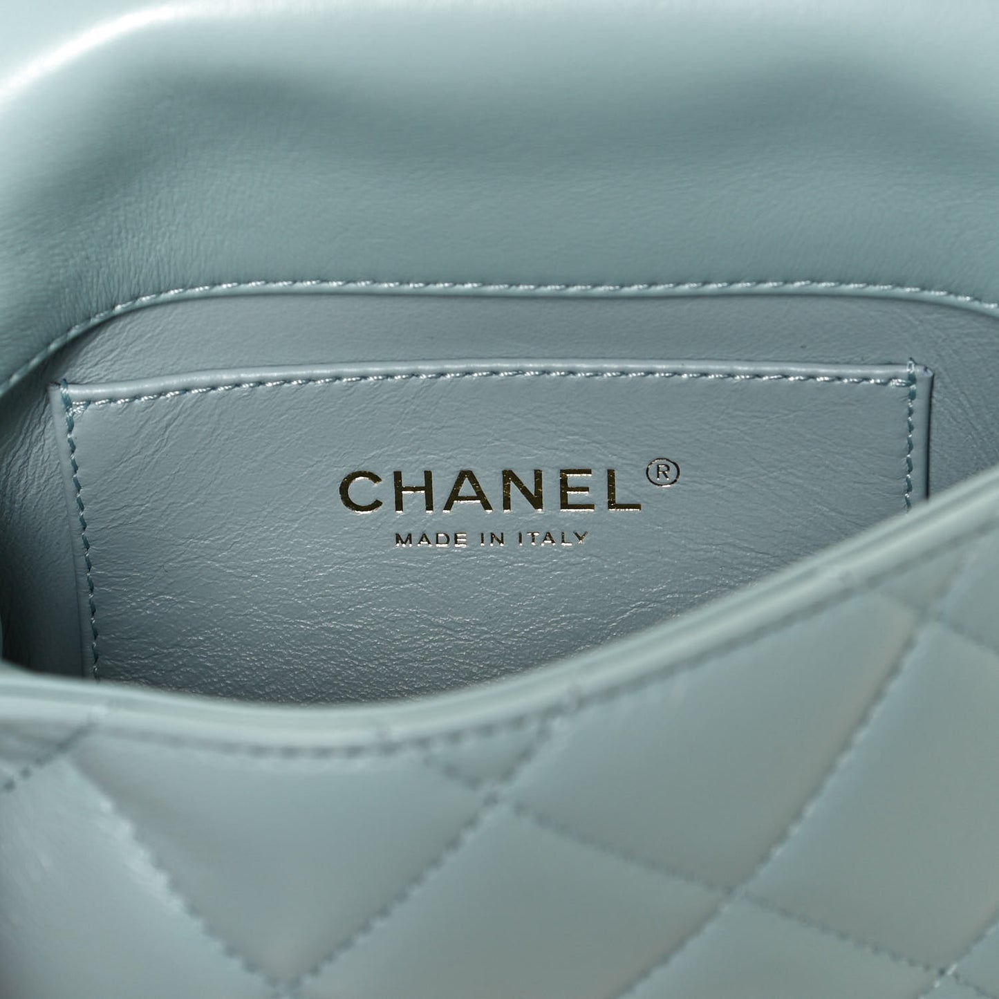 Lambskin Enamel Quilted Mini Pending CC Square Flap Light Blue