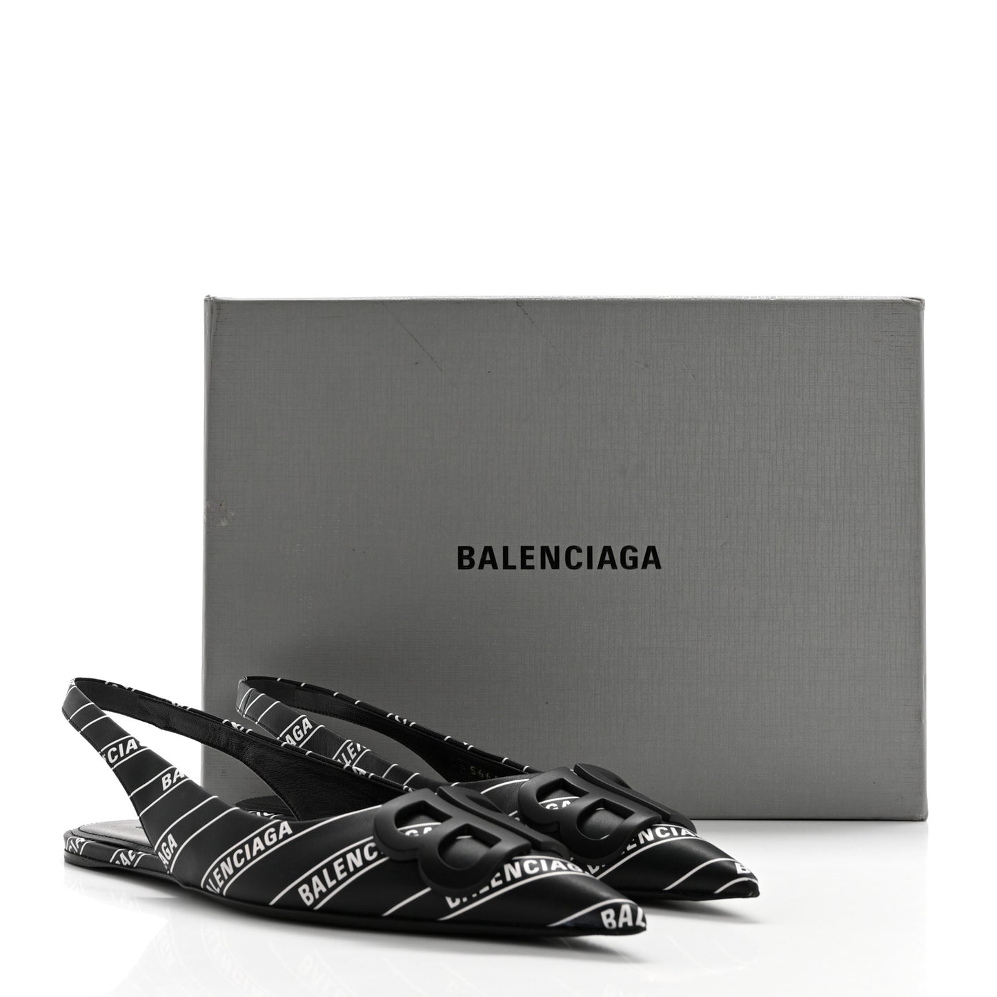Calfskin Diagonal Allover Logo Print BB Knife Pointy Toe Slingback Flats 35.5 Black White