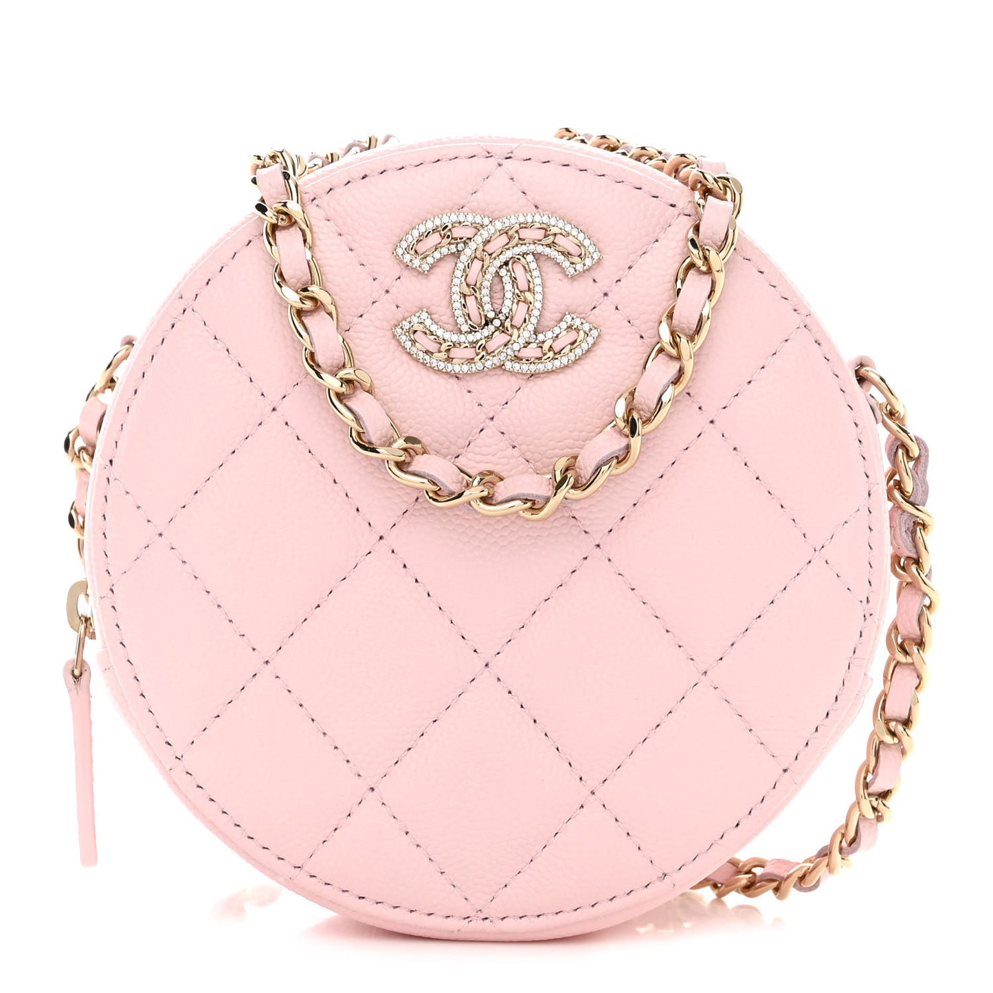 Caviar Quilted Crystal CC Round Clutch With Chain Pink