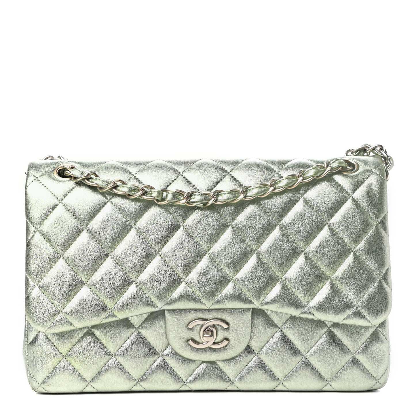 Metallic Lambskin Quilted Jumbo Double Flap Green