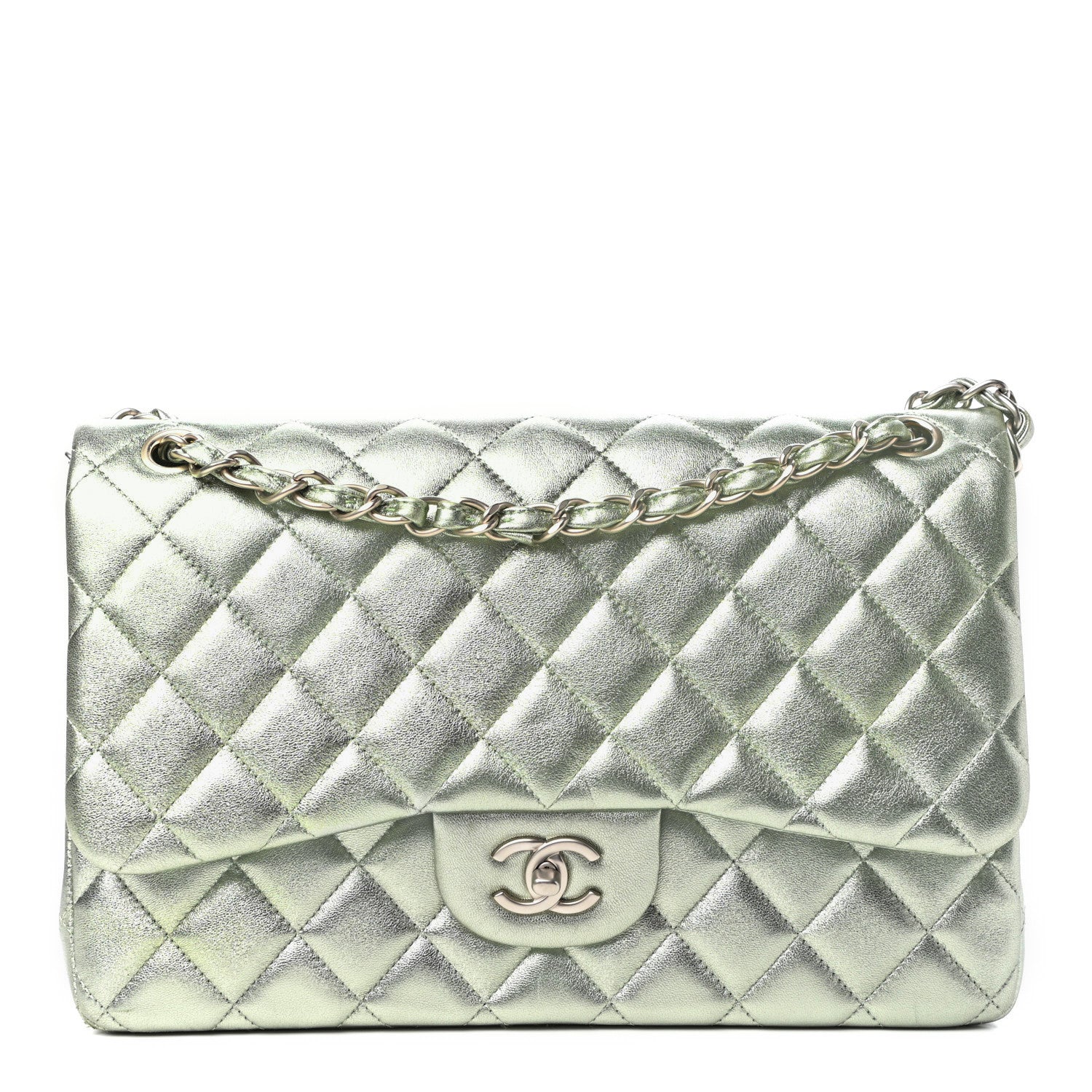 Chanel Metallic Lambskin Quilted Jumbo Double Flap Green 1 of 10