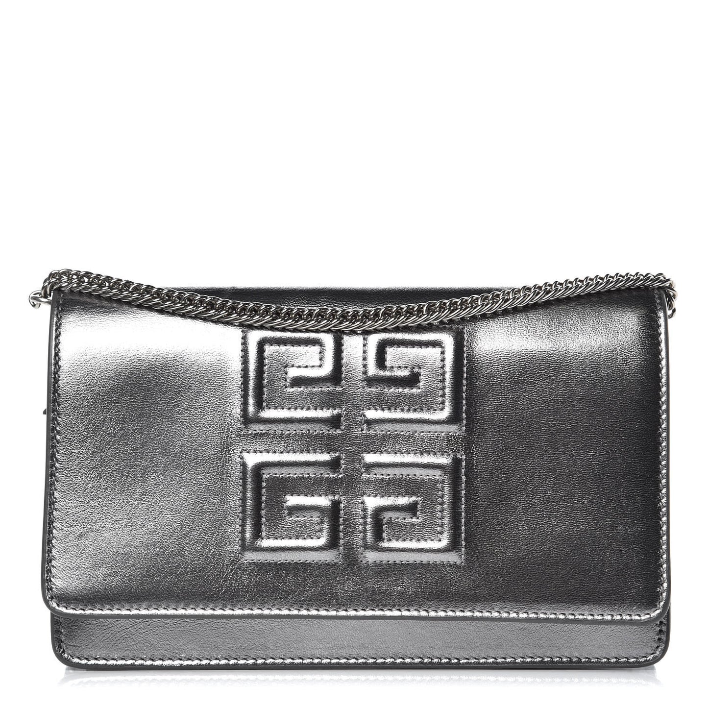 Metallic Goatskin Emblem Chain Wallet Silver
