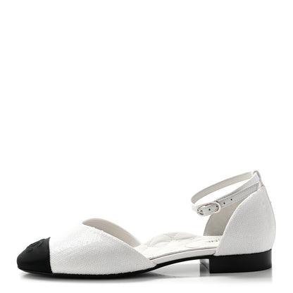 Chanel Sequin Grosgrain CC Cap Toe Ankle Flat 37 White Black 1 of 12