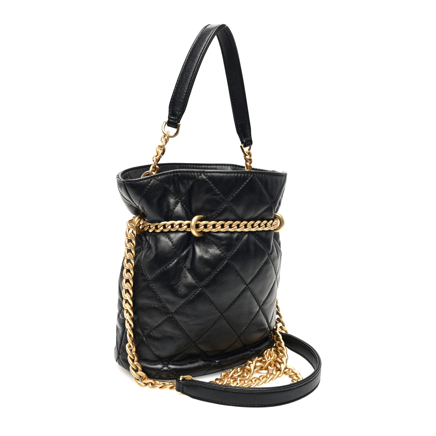 Chanel Lambskin Enamel Quilted Pending CC Bucket Drawstring Bag Black 3 of 10