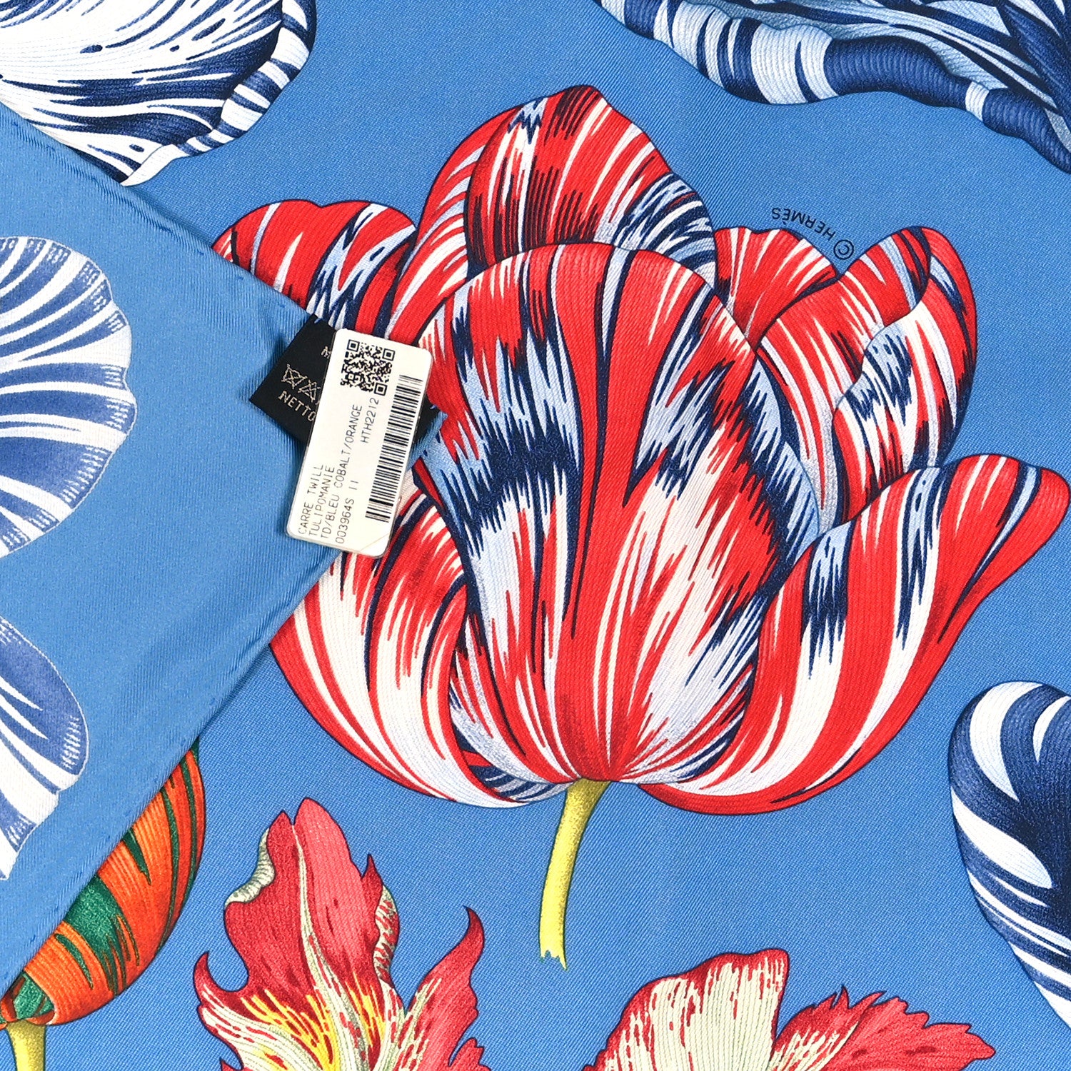 Hermes Silk Tulipomanie Scarf 90 Bleu Cobalt Orange 1530389