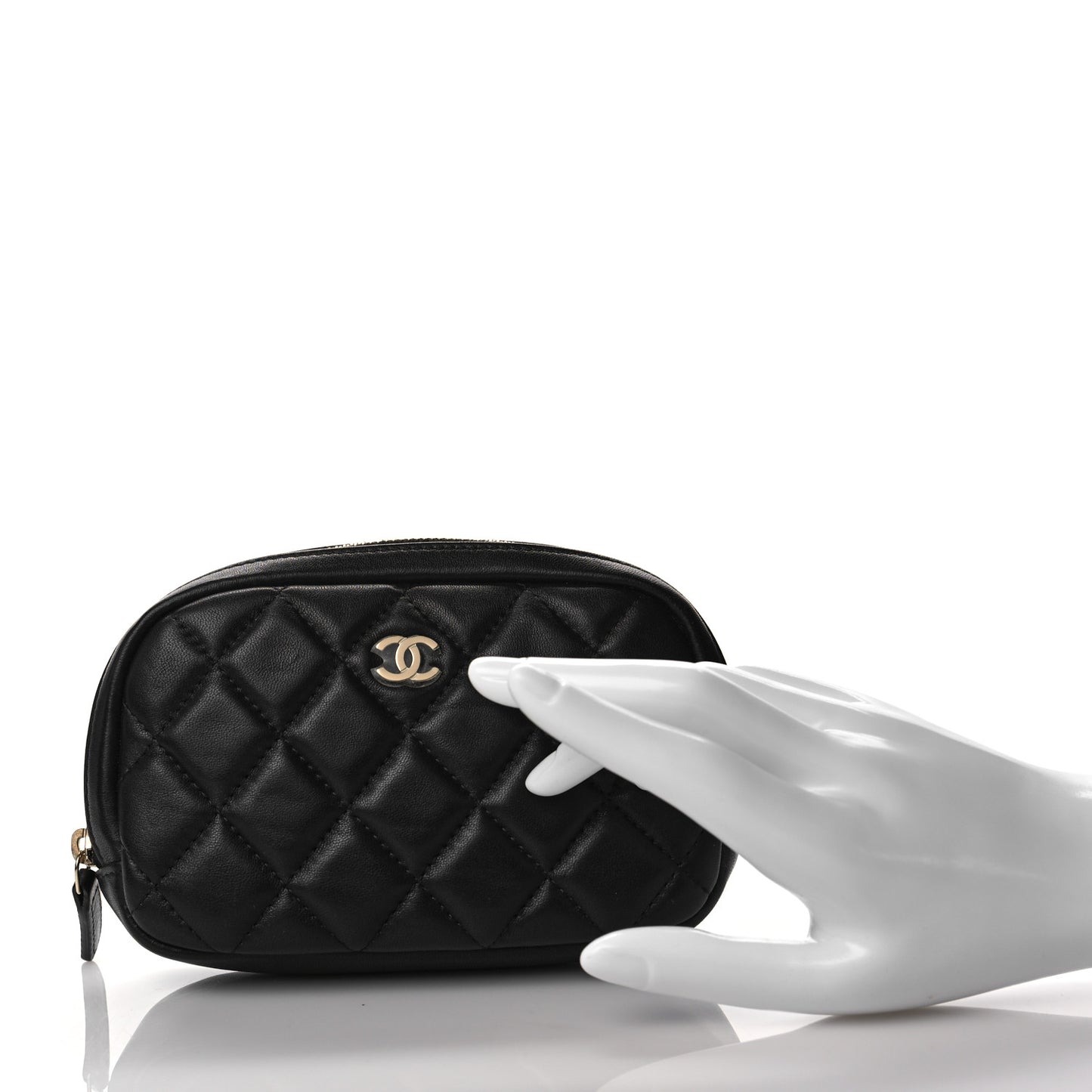 Lambskin Quilted Small Curvy Pouch Cosmetic Case Black