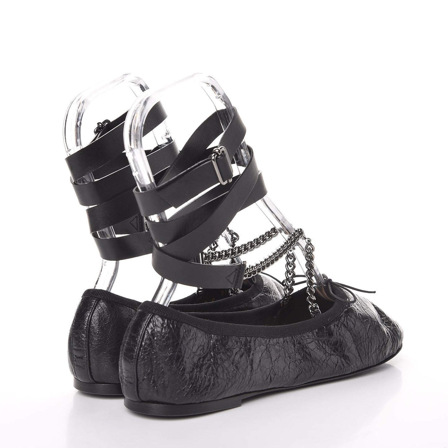 Crackled Calfskin Rockstud Chain Ankle Ballerina Flats 39 Black