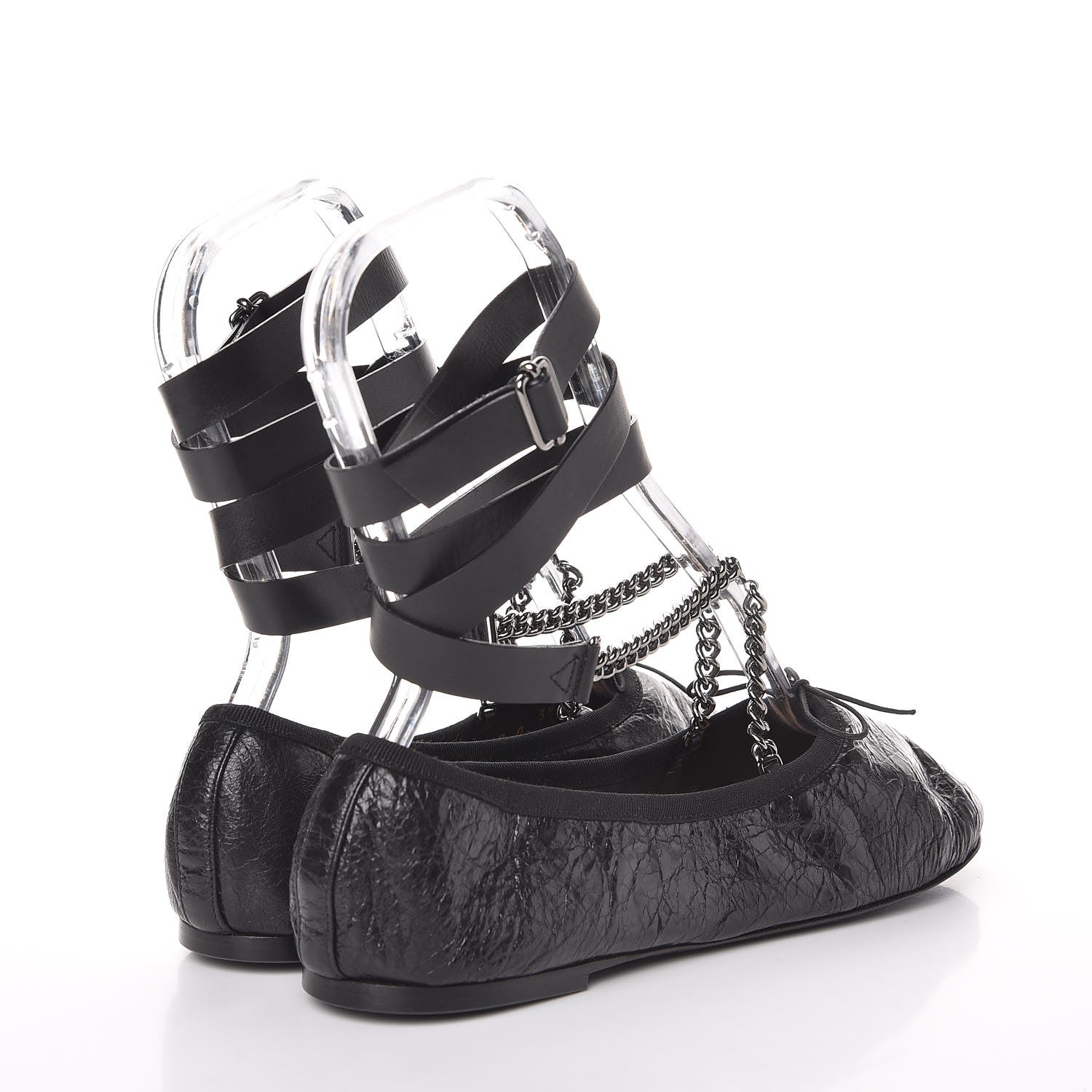 Valentino Garavani Crackled Calfskin Rockstud Chain Ankle Ballerina Flats 39 Black 4 of 14