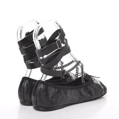 Valentino Garavani Crackled Calfskin Rockstud Chain Ankle Ballerina Flats 39 Black 4 of 14