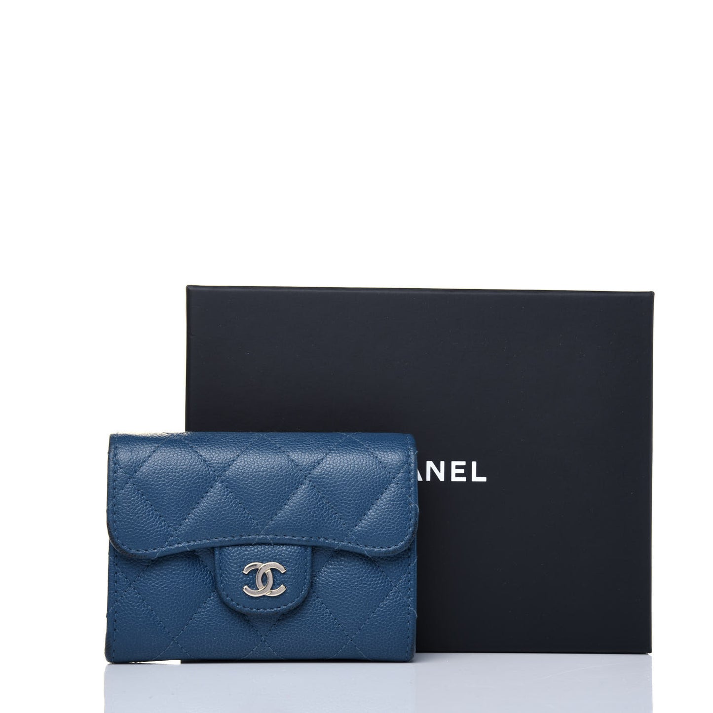 Caviar Quilted Flap Card Holder Wallet Navy