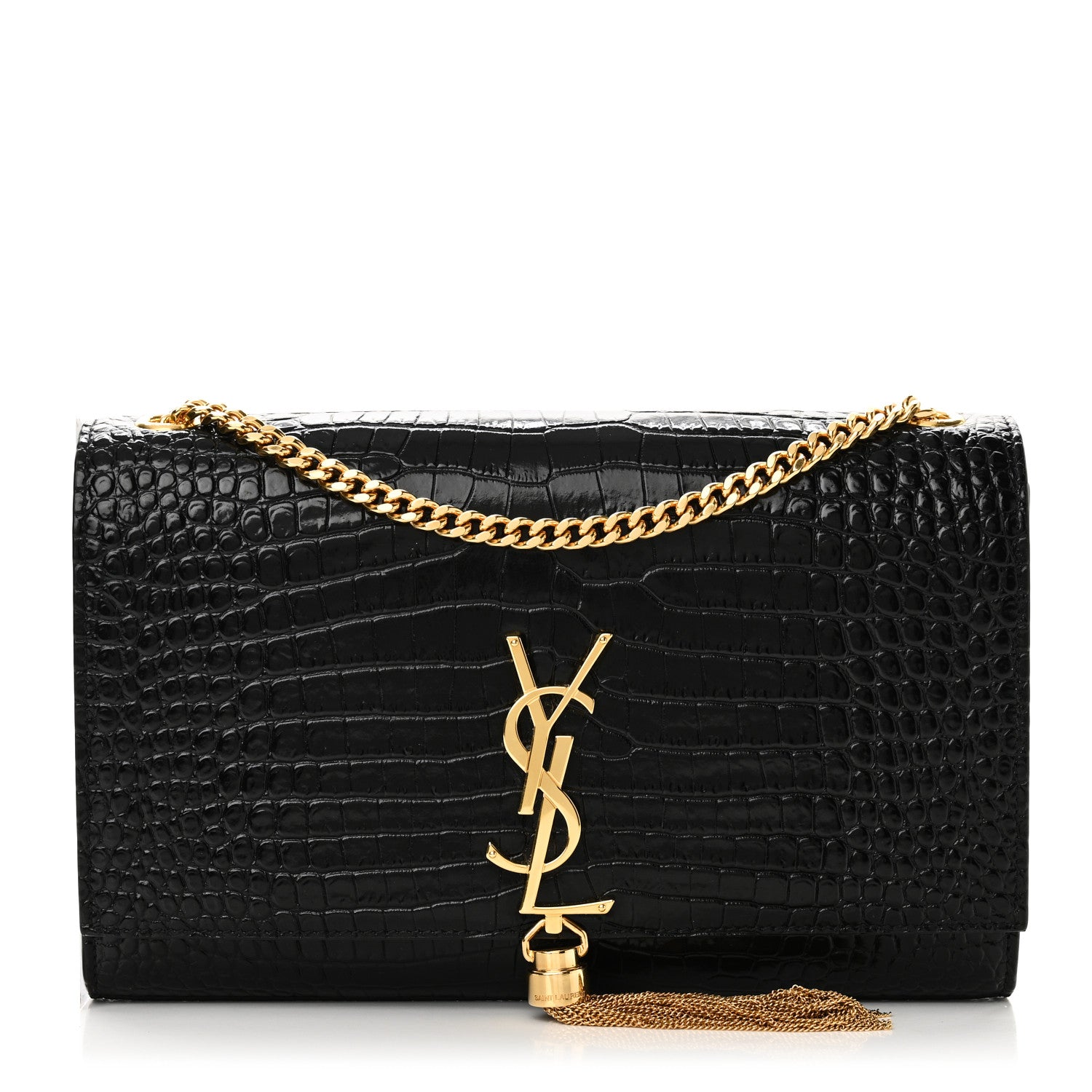 Saint Laurent Calfskin Crocodile Embossed Medium Classic Monogram Kate Tassel Satchel Black 1 of 9