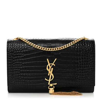 Saint Laurent Calfskin Crocodile Embossed Medium Classic Monogram Kate Tassel Satchel Black 1 of 9