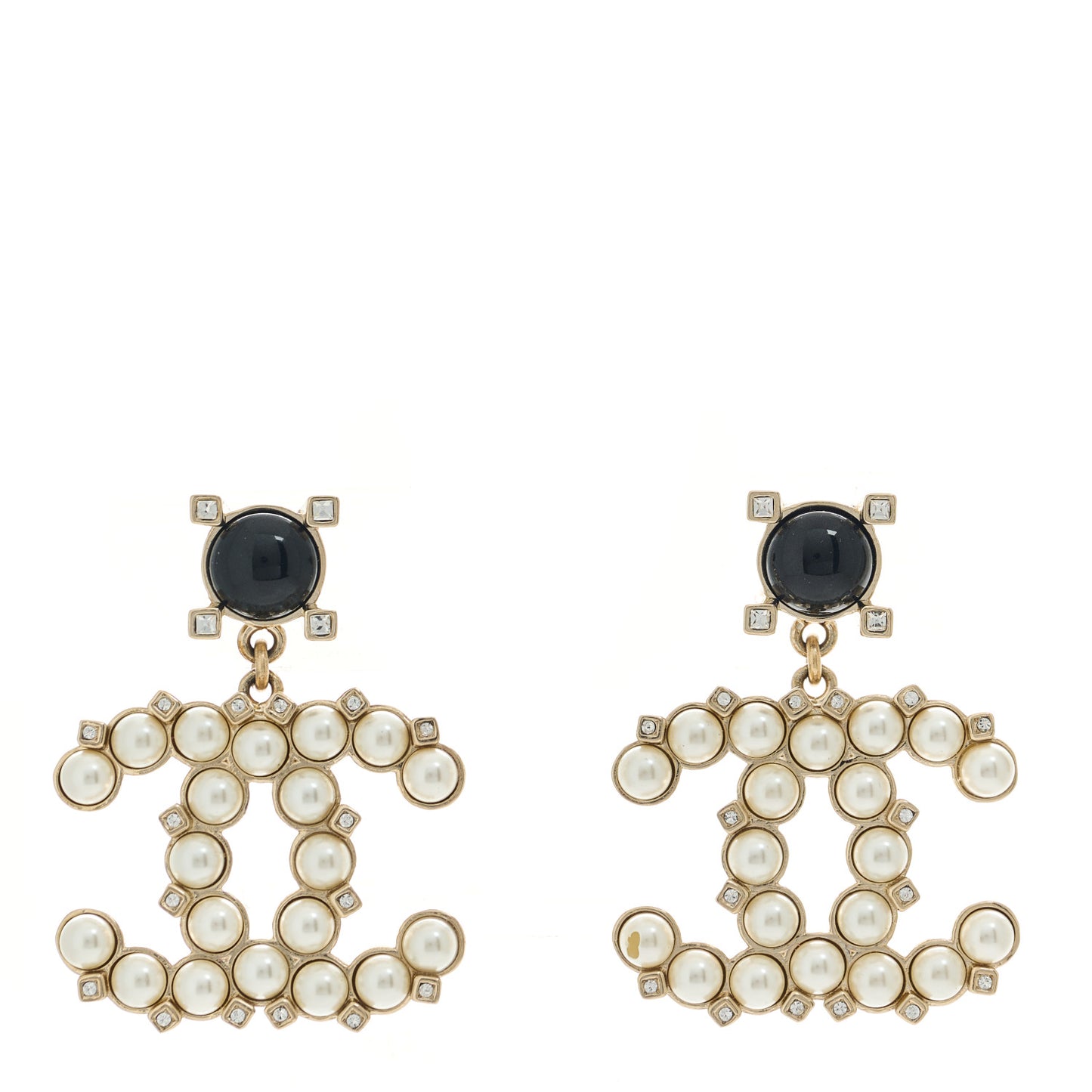 Resin Crystal Pearl CC Drop Earrings Black Gold