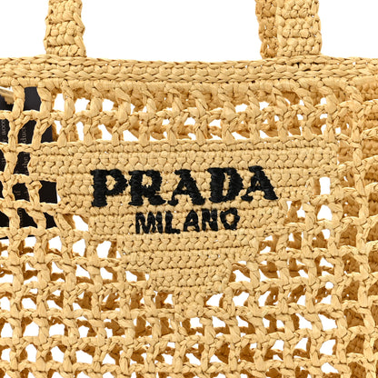 Prada Yarn Raffia Effect Crochet Logo Embroidered Small Tote Bag Naturale 7 of 9