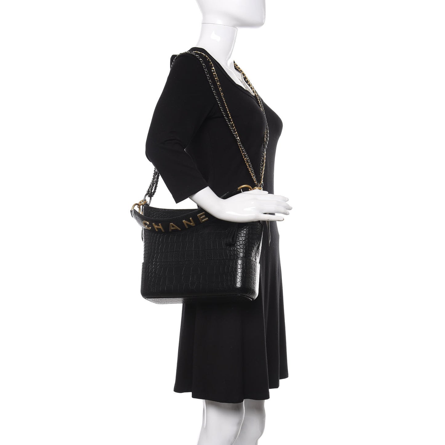 Crocodile Embossed Calfskin Medium Gabrielle Cocodile Hobo Black