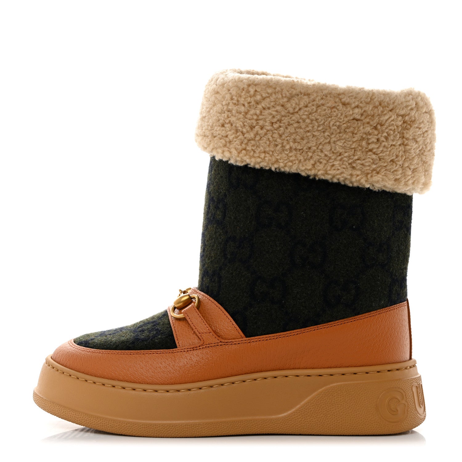 Gucci Covered Wool Monogram Textured Dollar Calfskin Shearling Horsebit Snow Boots 38.5 Underwood Blue Hazel Brown 1 of 9
