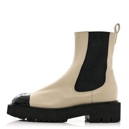 Chanel Patent Calfskin Cap Toe CC Ankle Boots 41 Beige Black 1 of 14