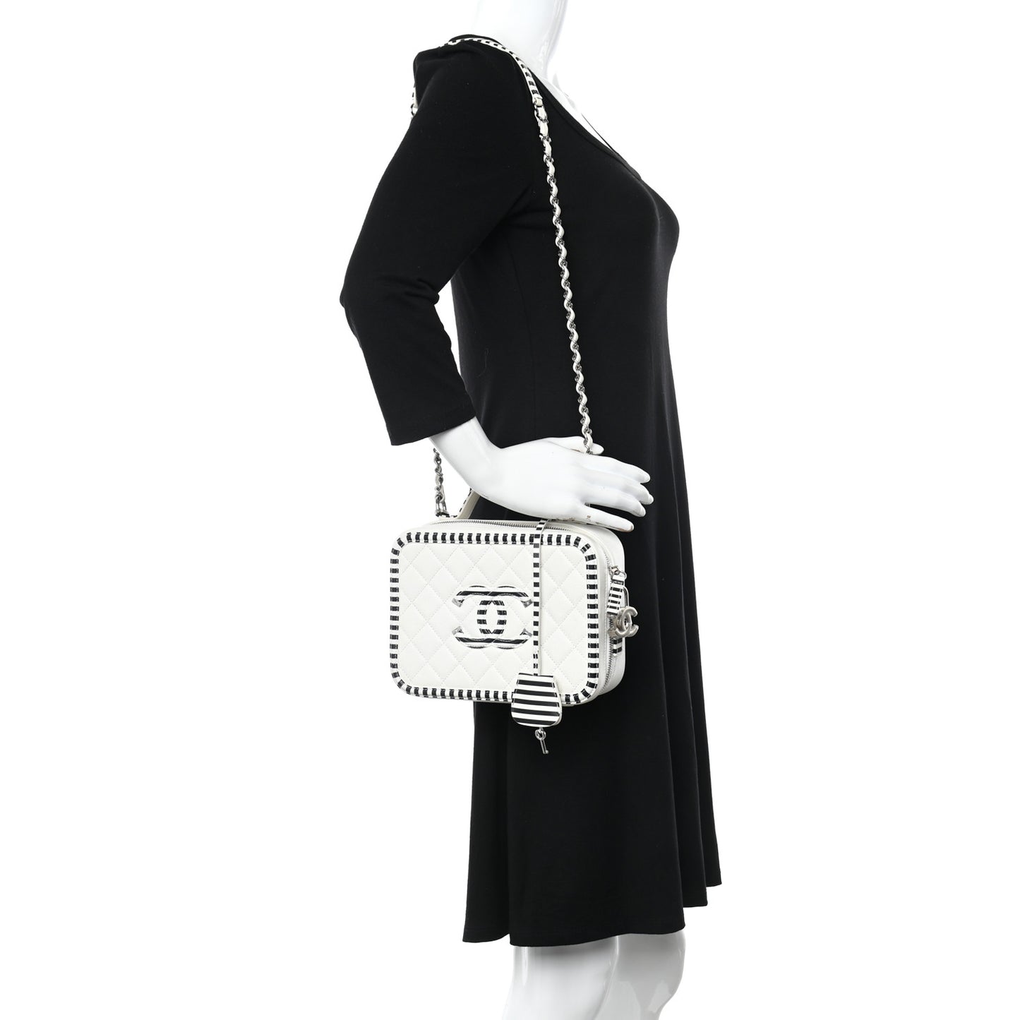 Caviar Quilted Striped Medium CC Filigree Vanity Case White Black