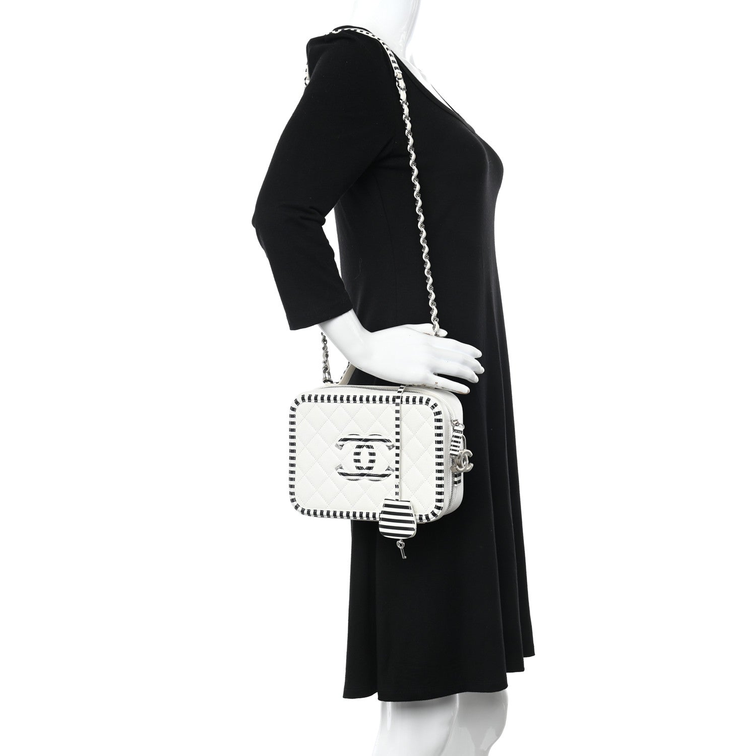 Chanel Caviar Quilted Striped Medium CC Filigree Vanity Case White Black 2 of 15
