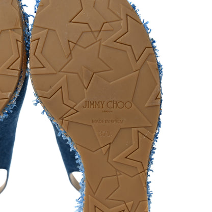 Jimmy Choo Denim Fringed Raffia Almer 105 Wedge Sandals 37.5 Navy 6 of 8