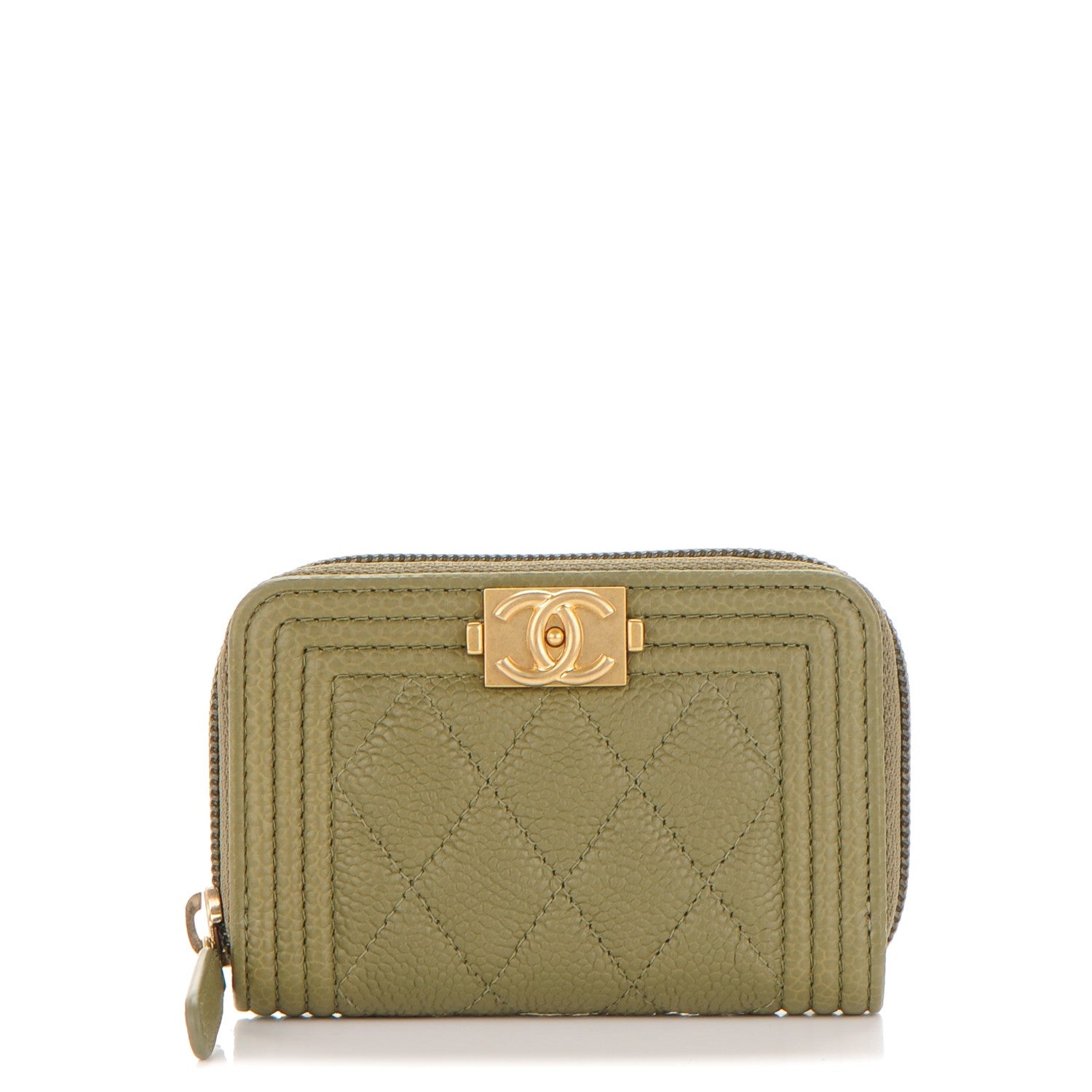 Chanel Caviar Quilted Boy Zip Around Coin Purse Wallet Green 1 of 7