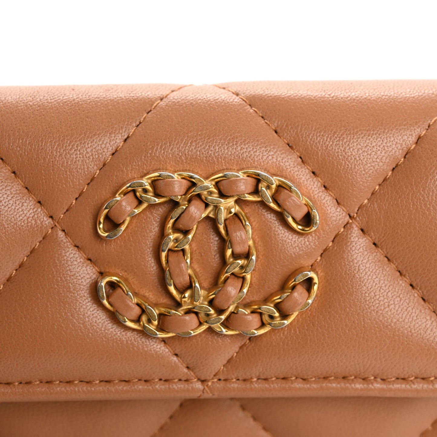 Lambskin Quilted Chanel 19 Flap Card Holder Brown