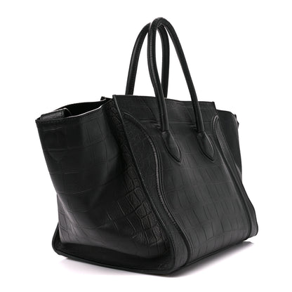 Celine Crocodile Embossed Calfskin Medium Phantom Luggage Black 3 of 10