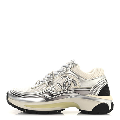Chanel Fabric Laminated Calfskin Stretch CC Sneakers 35 White Silver 1 of 12
