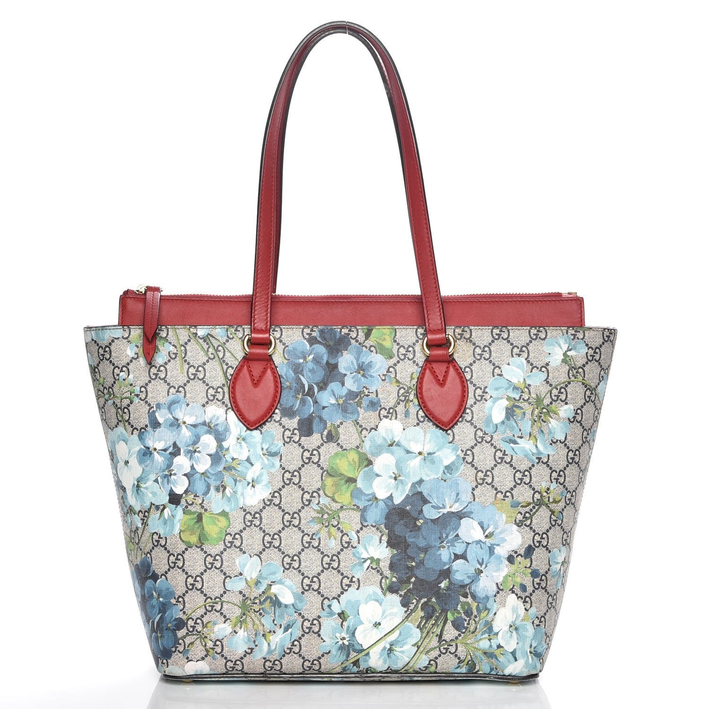 GG Supreme Monogram Blooms Medium Zippered Bucket Tote Beige Blue Navy Hibiscus Red