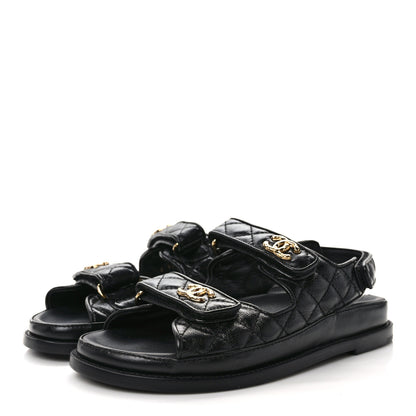 Chanel Lambskin Lambskin Quilted Velcro Dad Sandals 37 Black 3 of 8