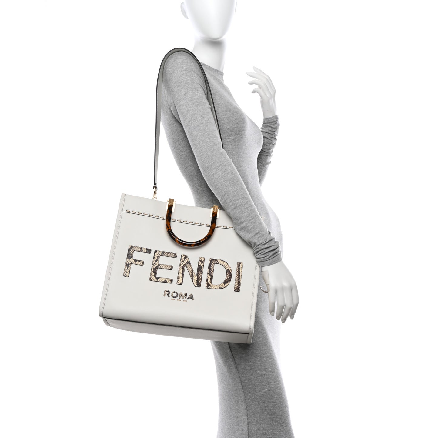 Vitello King Plexiglass Elaphe Snakeskin Print Logo Medium Fendi Sunshine Shopper Tote Ice White