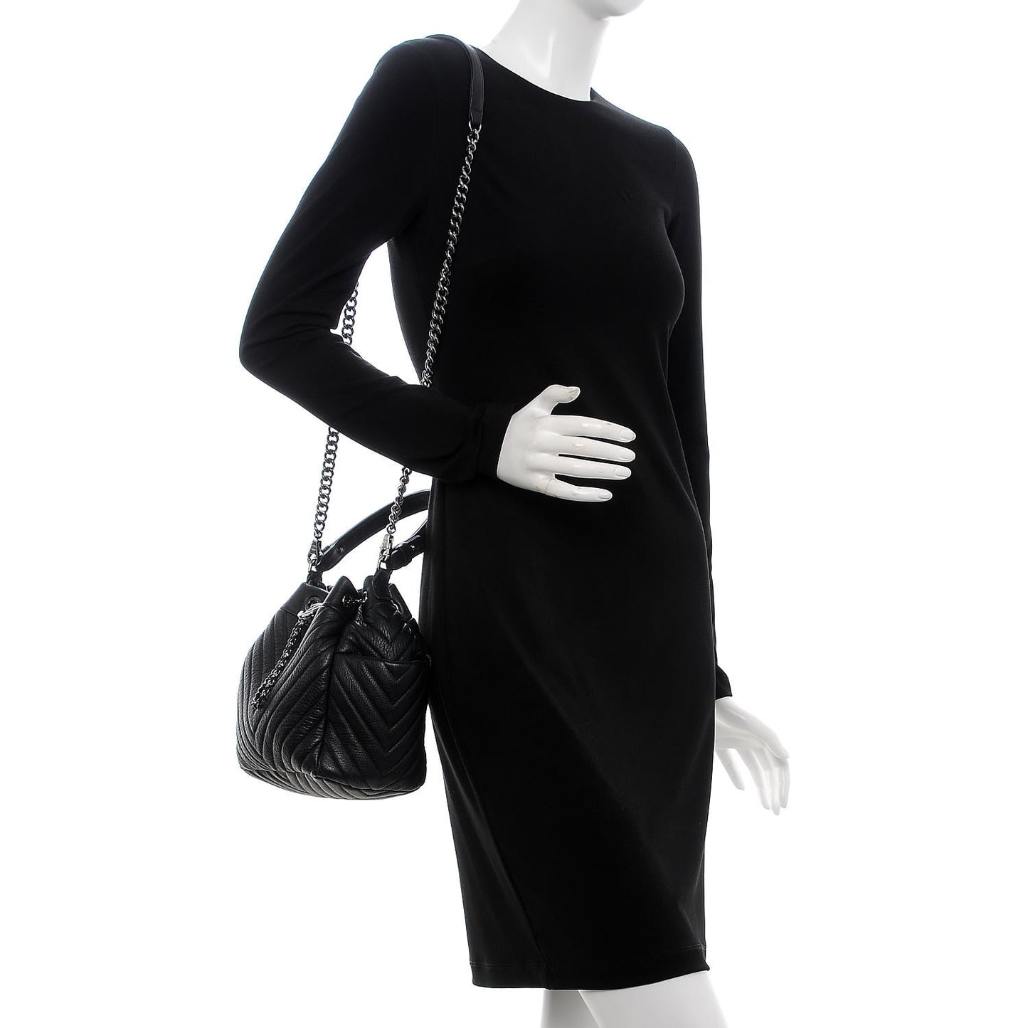 Deerskin Chevron Small CC Chain Bucket Bag Black