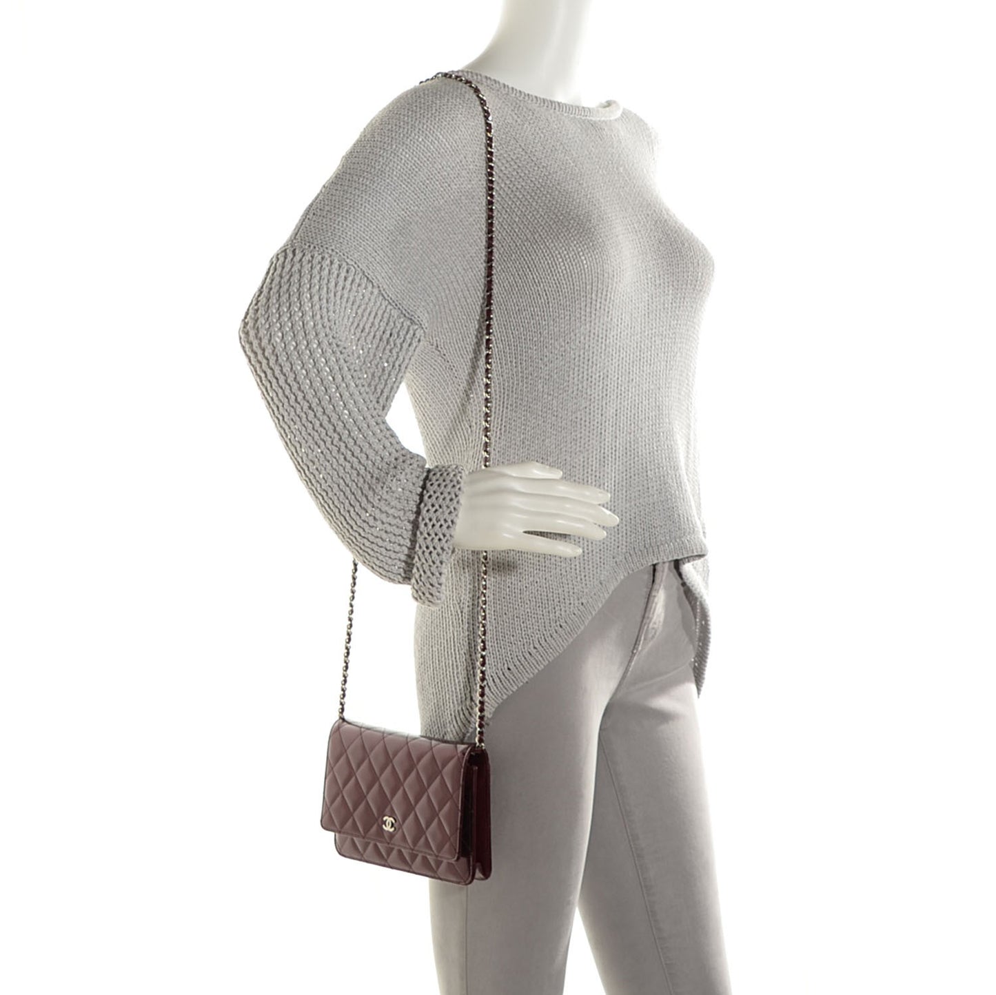 Striated Patent Quilted Wallet on Chain WOC Bordeaux