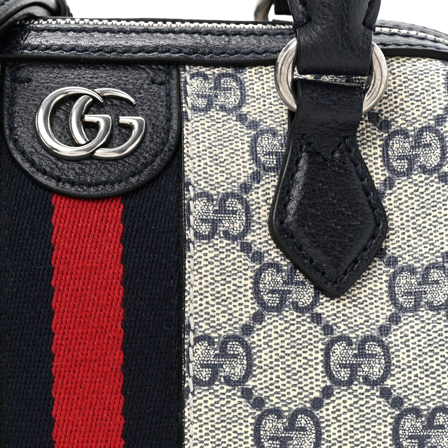 GG Supreme Monogram Textured Dollar Calfskin Web Mini Ophidia Top Handle Bag Beige Blue