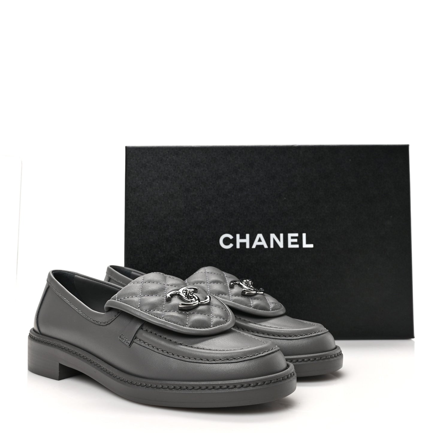 Lambskin Quilted CC Turnlock Loafers 37 Grey