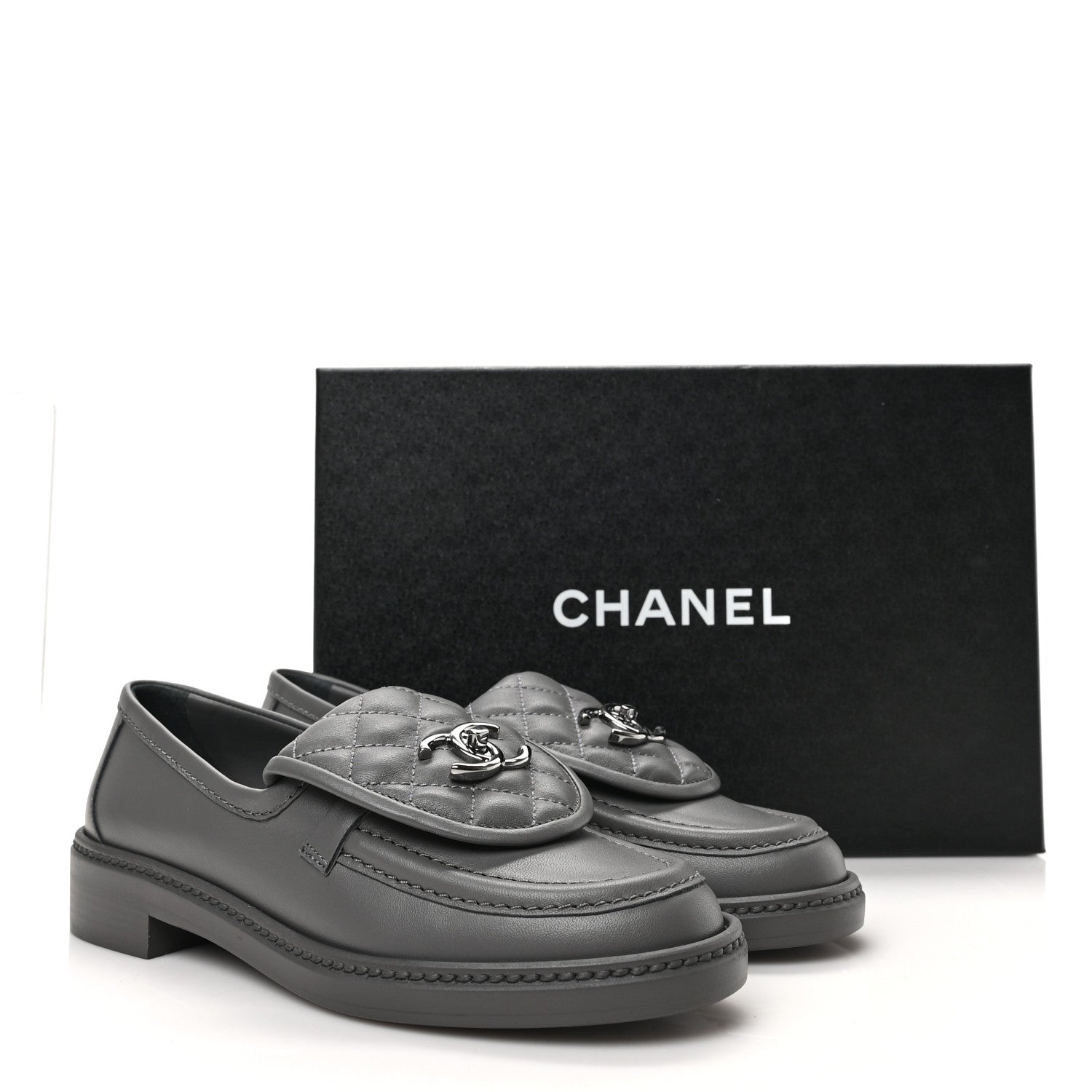 Chanel Lambskin Quilted CC Turnlock Loafers 37 Grey 8 of 8