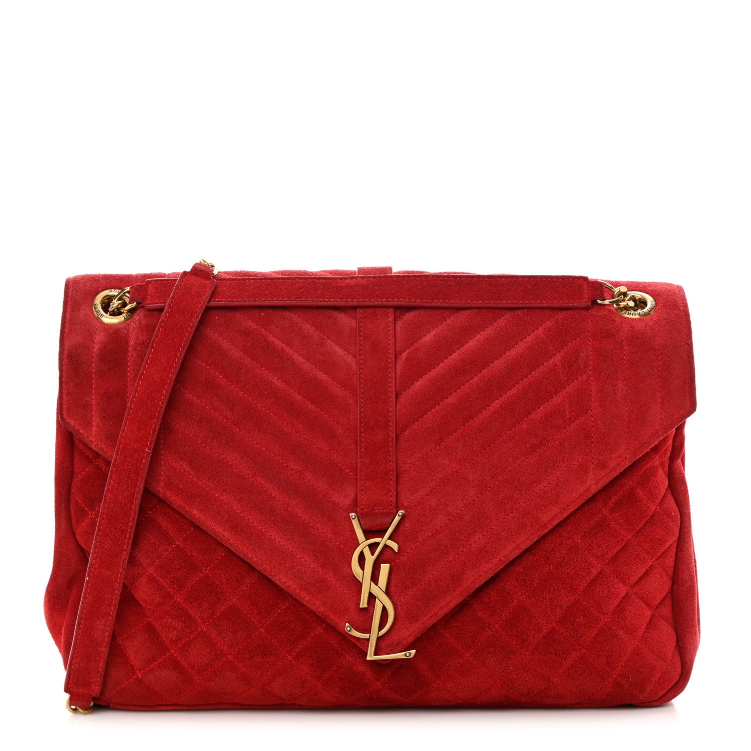 Saint Laurent Suede Mixed Matelasse Triquilt Large Monogram Envelope Satchel Red 1 of 18