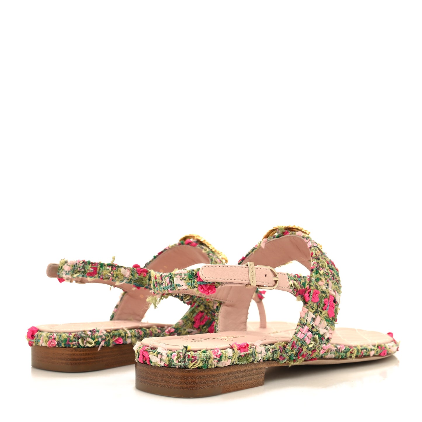 Tweed CC Logo Thong Sandals 37 Green Pink White