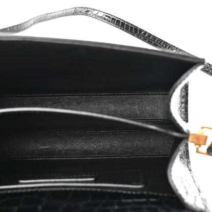 Saint Laurent Calfskin Crocodile Embossed Mini Classic Monogram Cassandra Top Handle Black 5 of 12